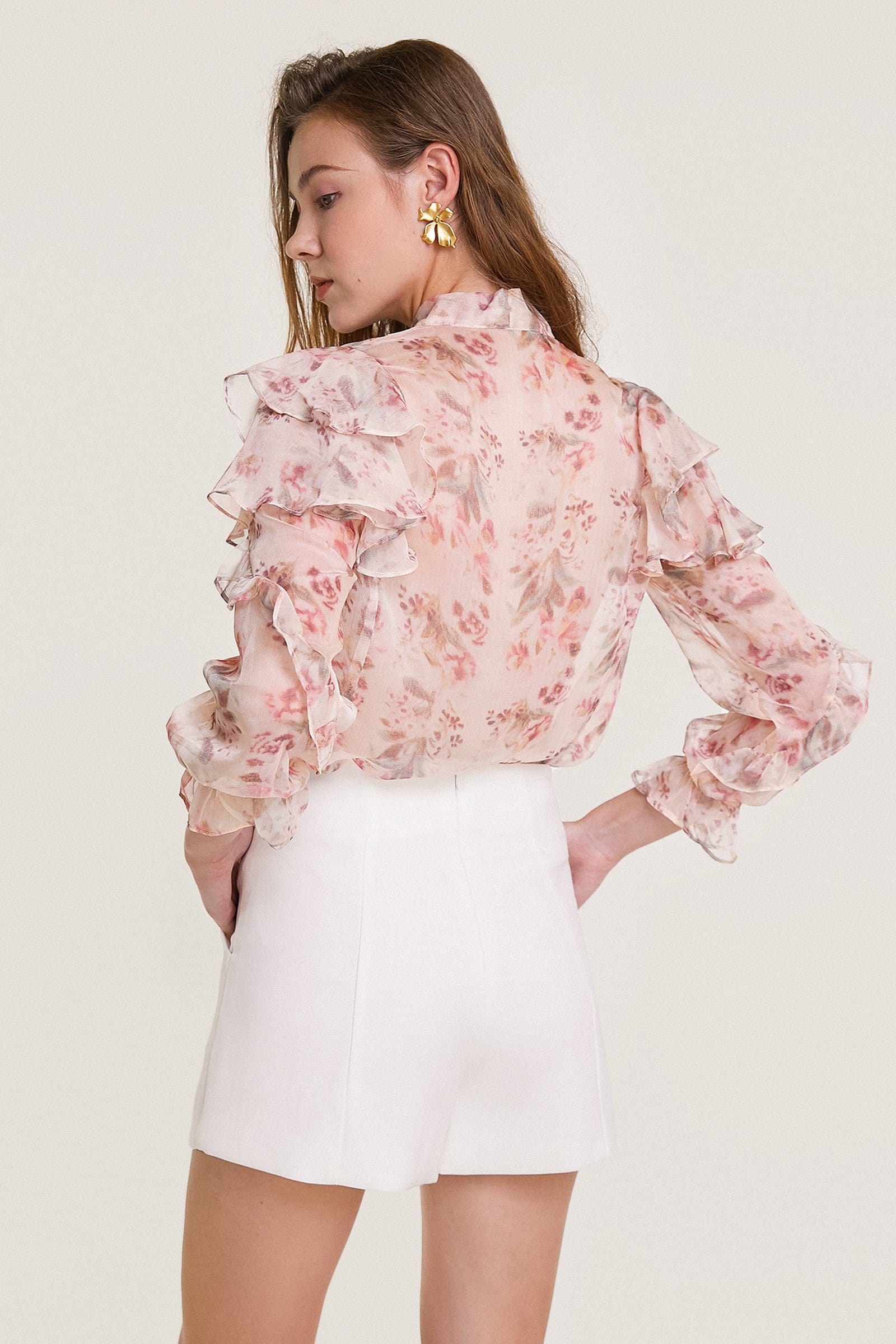 Pink Floral Print Tie Neck Ruffled Chiffon Blouse