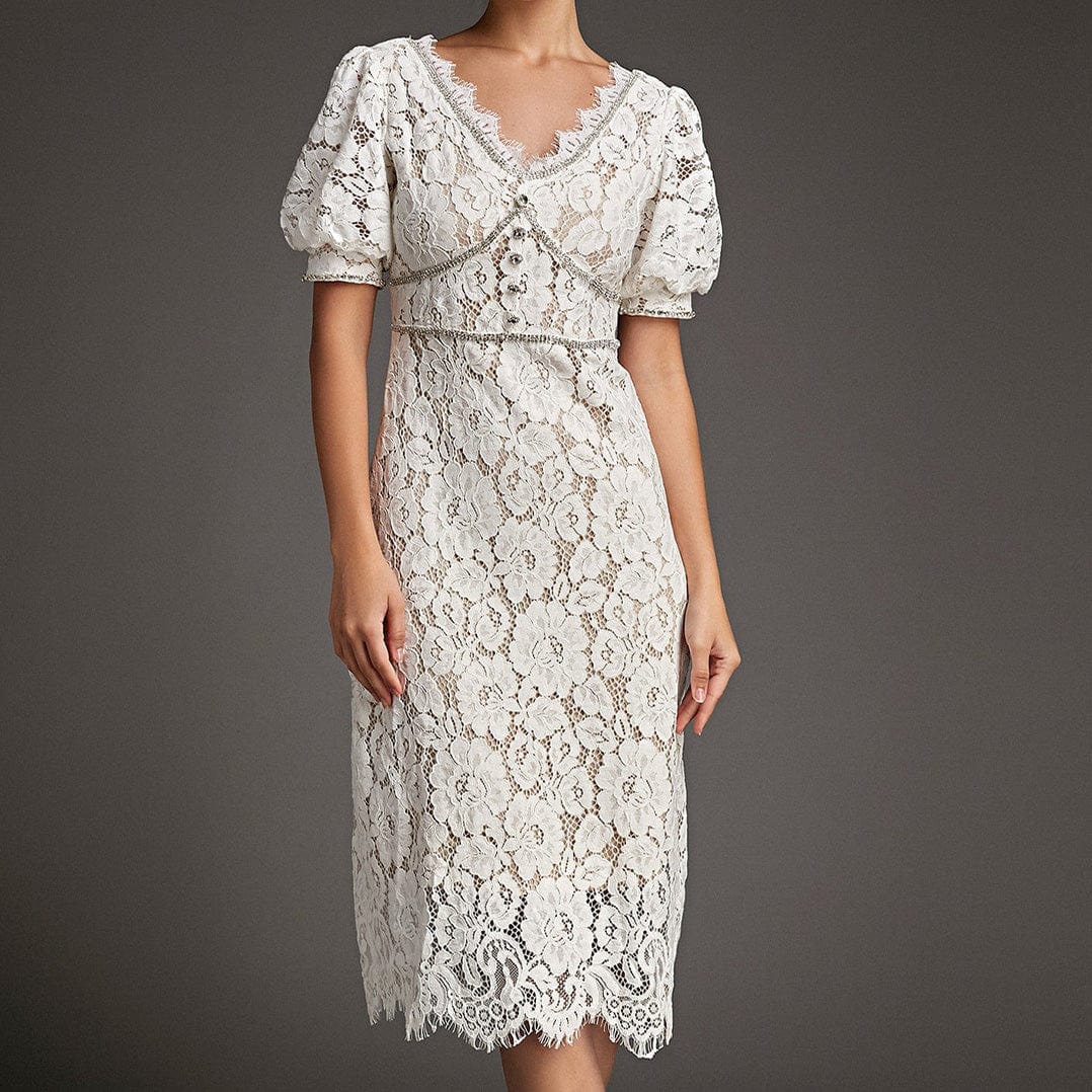 White Lace Overlay V-Neck Rhinestone Detail Midi Dress