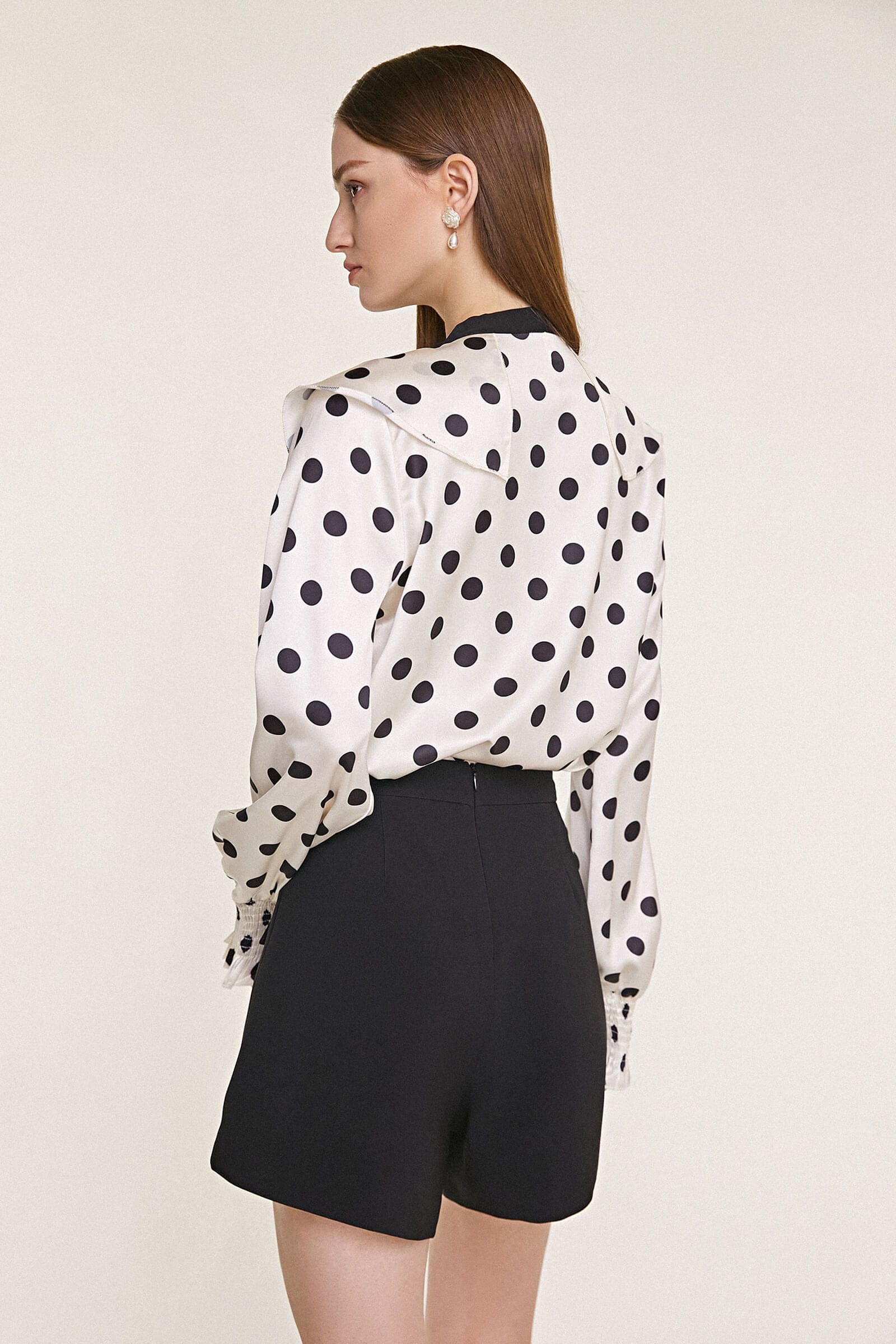 Ivory Polka Dot Flounce-Trimmed Tie Neck Chiffon Blouse