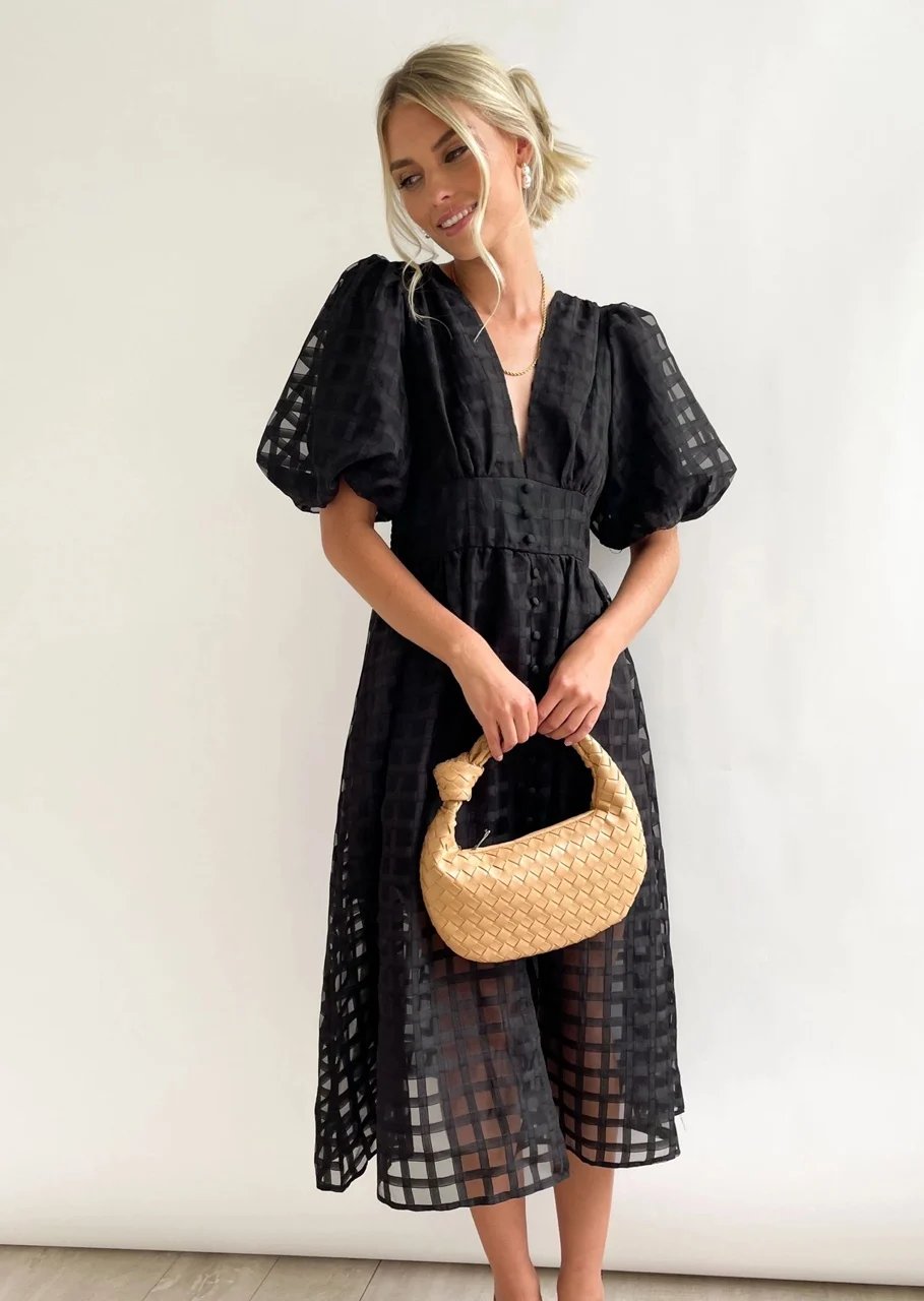 Beautiful square pattern fabric puff sleeve midi