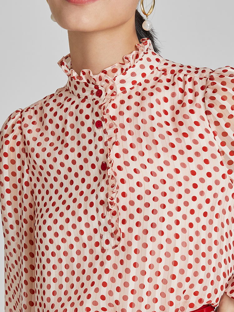 Gathered Waist Chiffon Polka Dot Midi Dress