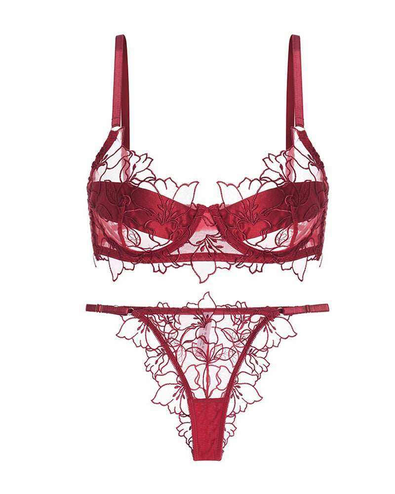 Floral Embroidered Lace See-through Mesh Bra and Briefs Set