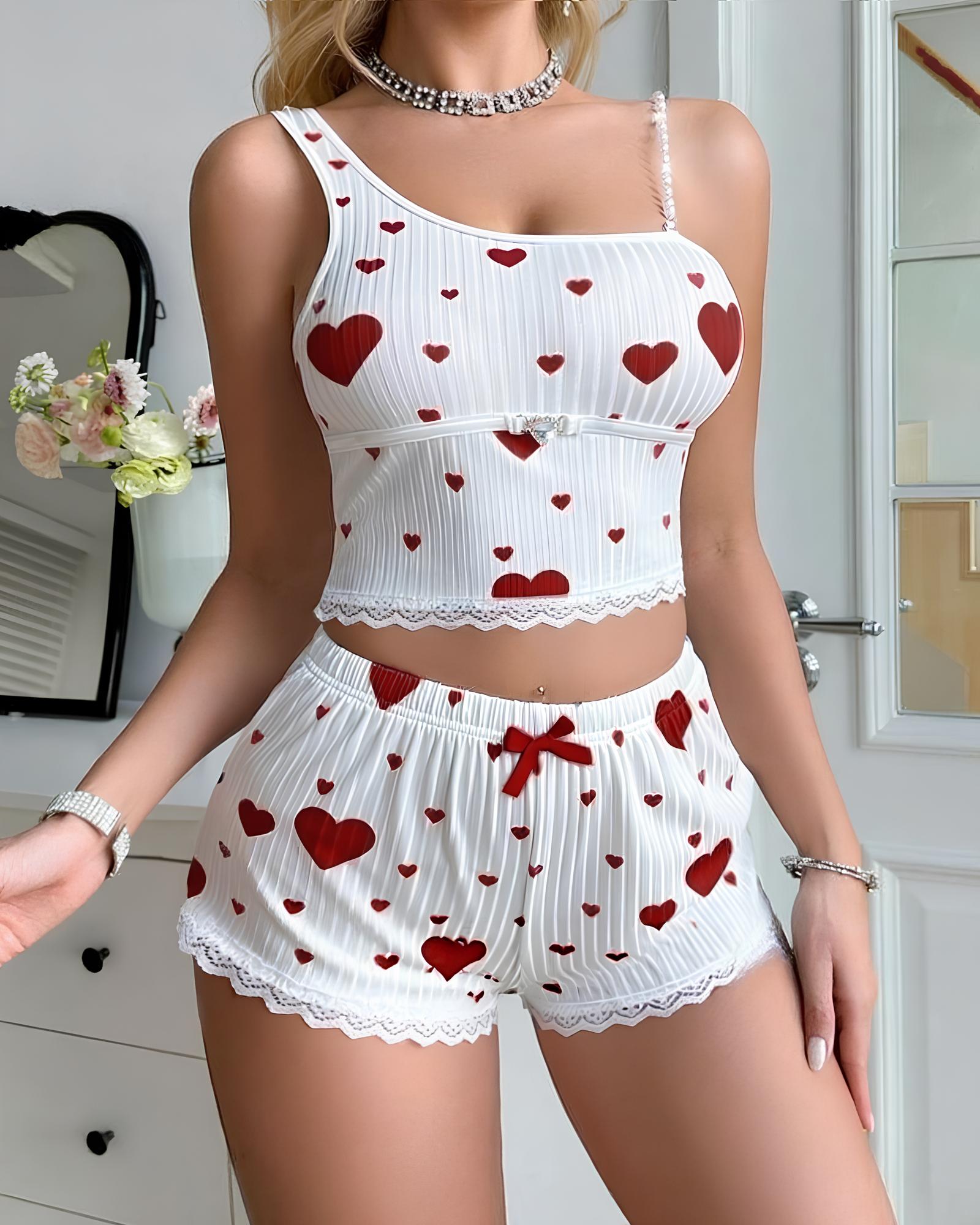Heart-print One-shoulder Tank Top and Shorts Loungewear Set