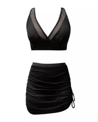 Women's Deep V Tummy Control Shaper Mesh Sheer Sarong Wrap Swimsuit Bikini
