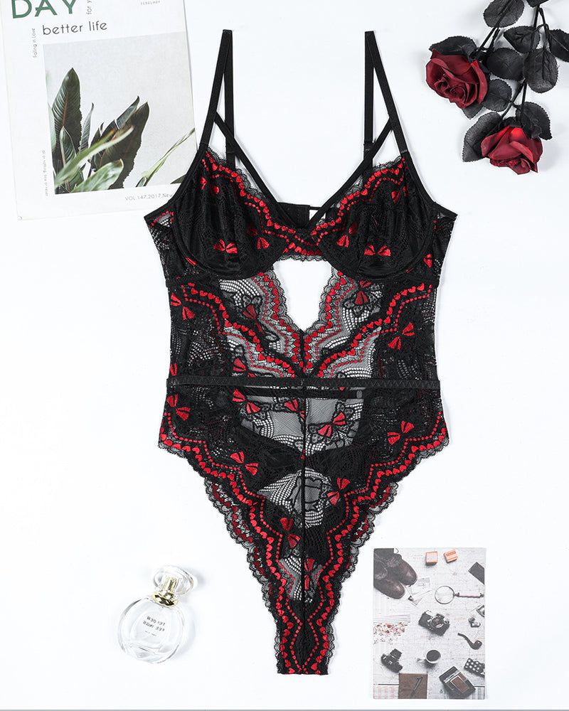 Hip Bow Hollow Lace Contrast Color Bodysuit
