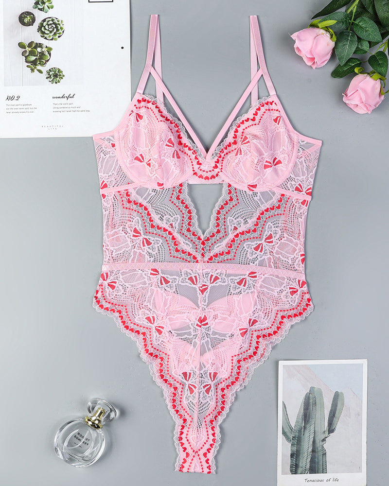 Hip Bow Hollow Lace Contrast Color Bodysuit
