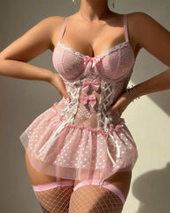 Underwire Gathered Transparent Mesh Bow One-Piece Lingerie
