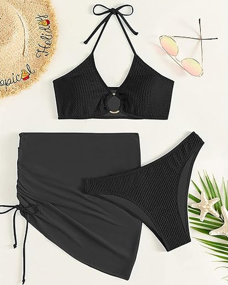 Women's 3 Piece Bathing Suits Halter Ring Bikini Set with Cover Up Skirts