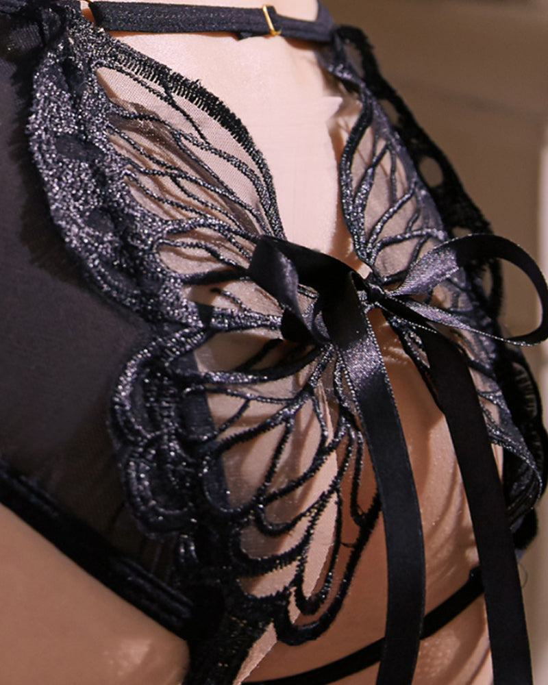 Butterfly Tie-up Hollow Lace Mesh Sheer Open-crotch Panties
