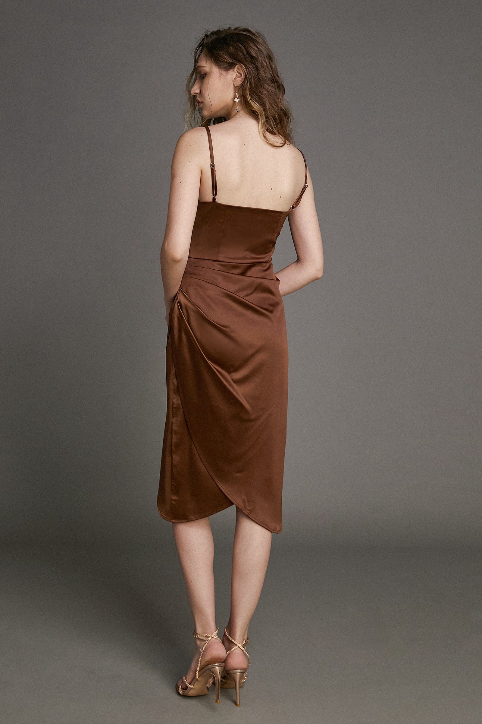Saddle Brown Cowl Neck Pleat Detail High-Low Midi Dress