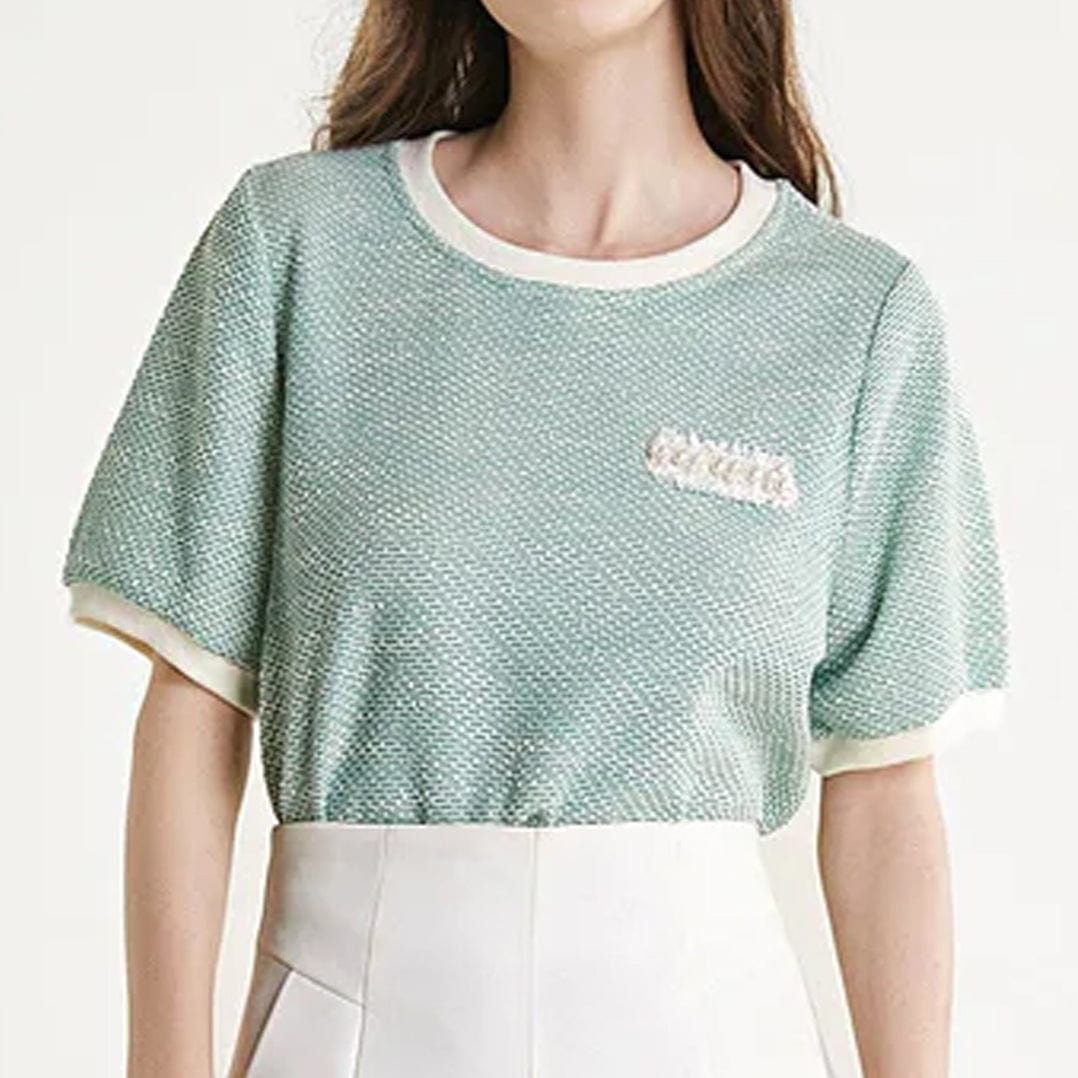 Light Green Textured Round Neck Contrast Trim Detail Blouse