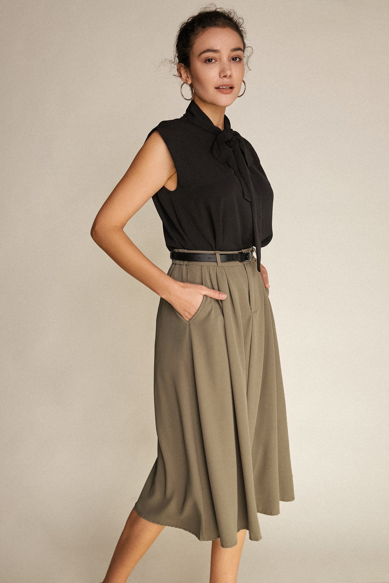 Tan Belted Pleat Detail Midi Skirt