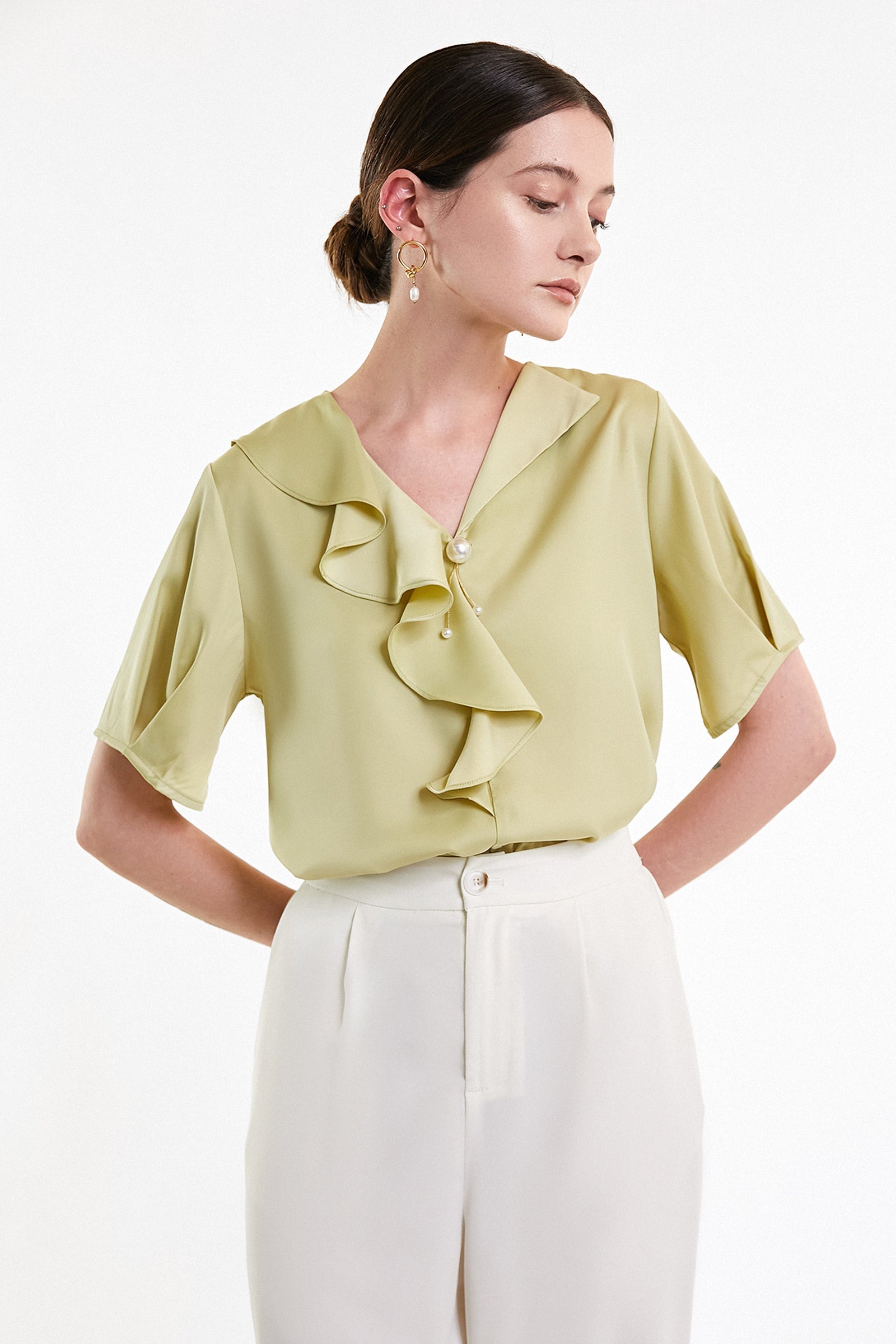 Yellow Green Flounce-Trimmed Short Sleeve Blouse