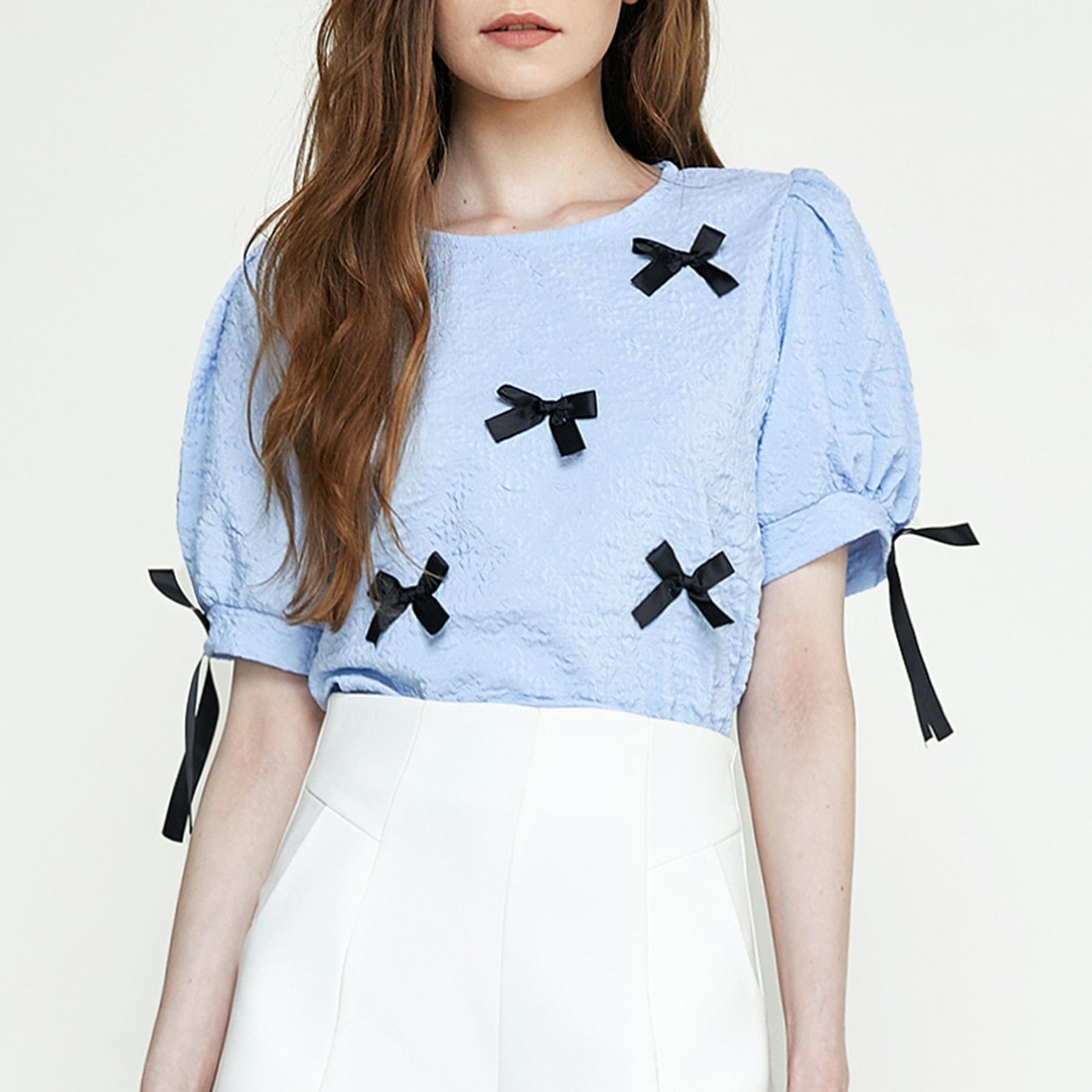 Cornflower Blue Textured Bowknot Decor Puff Sleeve Blouse
