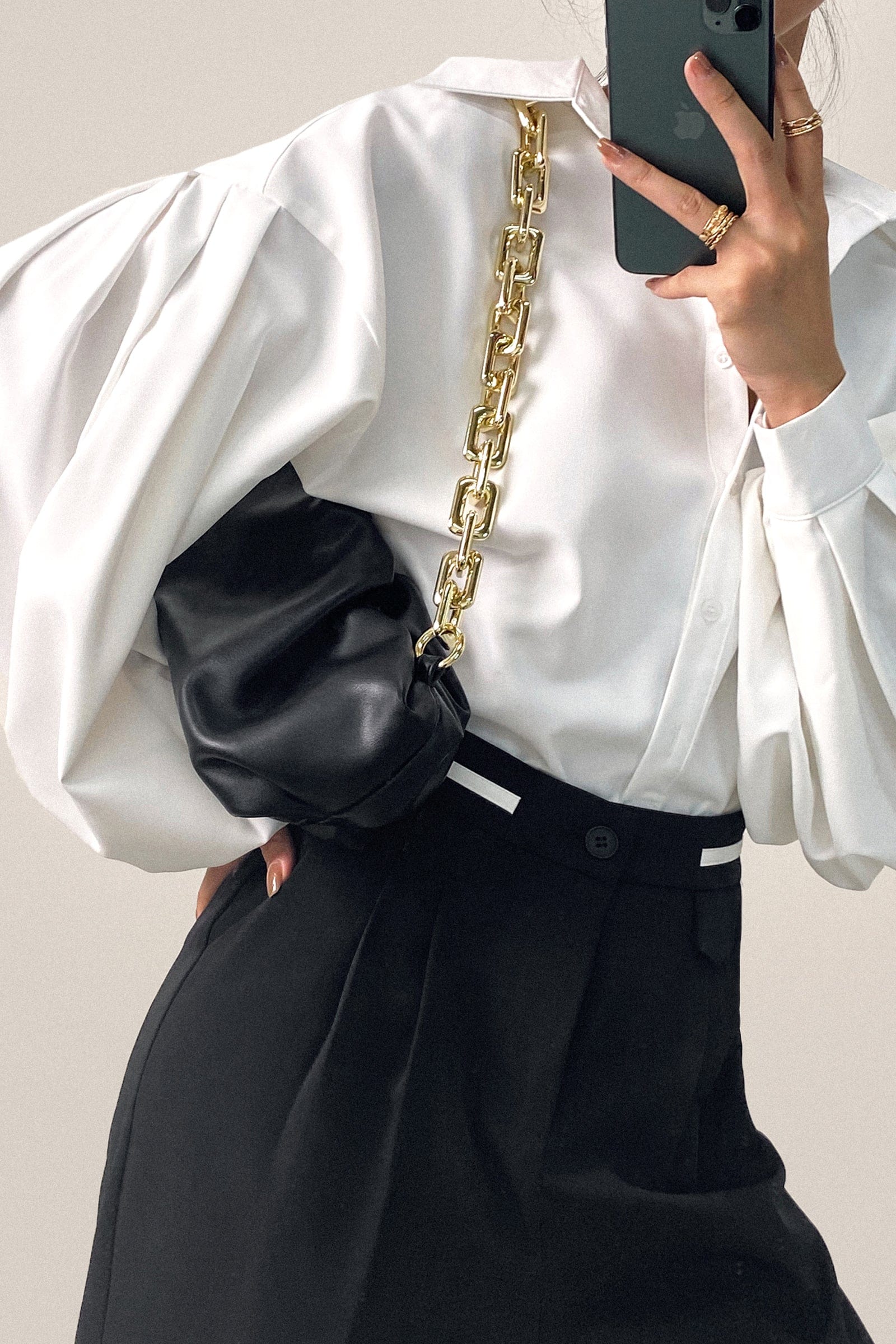 White Button-Up Lantern Sleeve Shirt