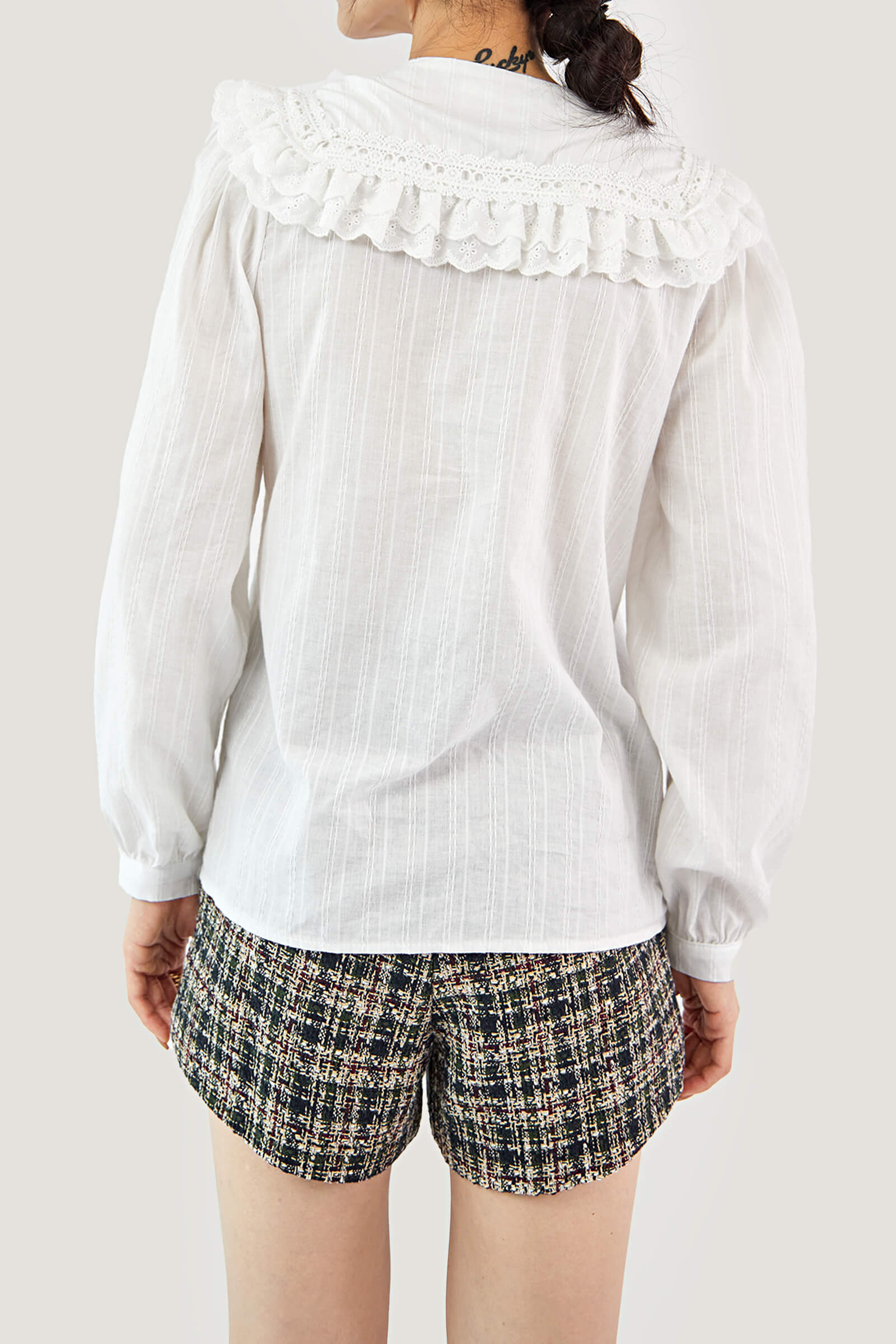 White Crew Neck Lace-Trim Pantern Sleeve Blouse