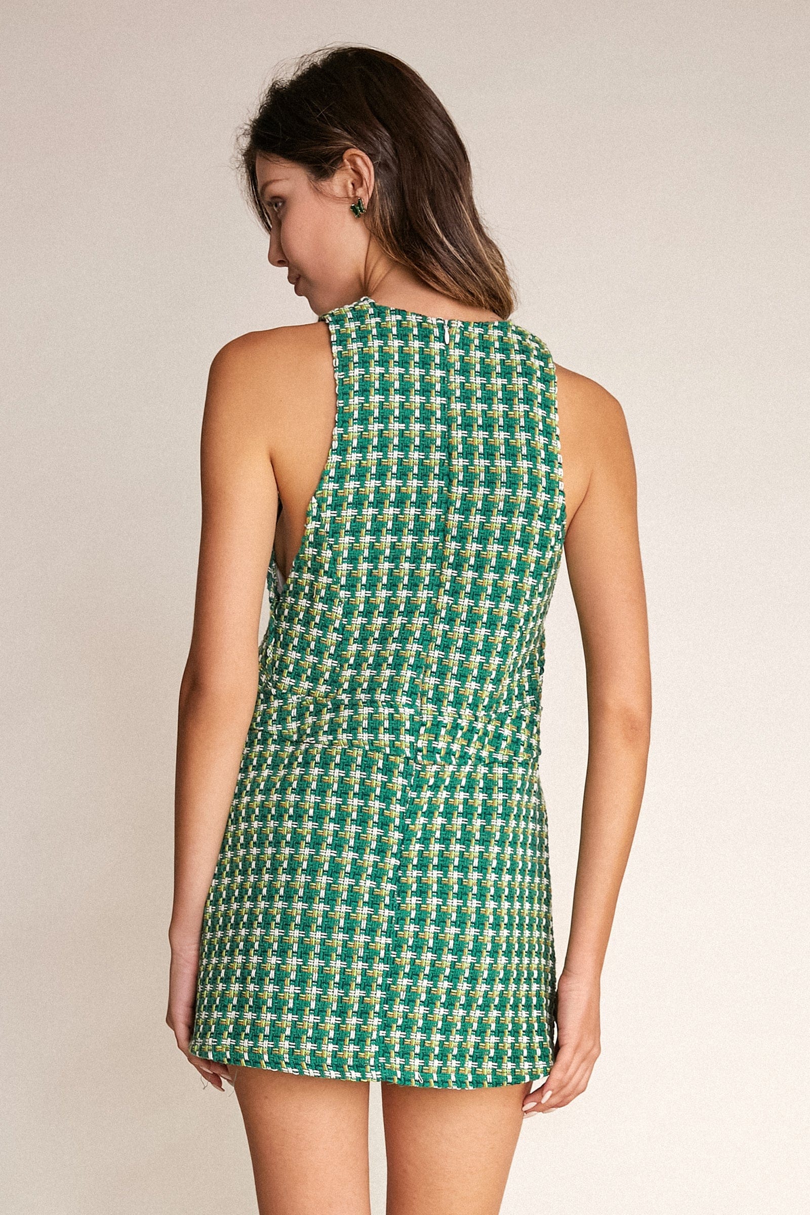 Green Sleeveless Button Detail Tweed Mini Dress
