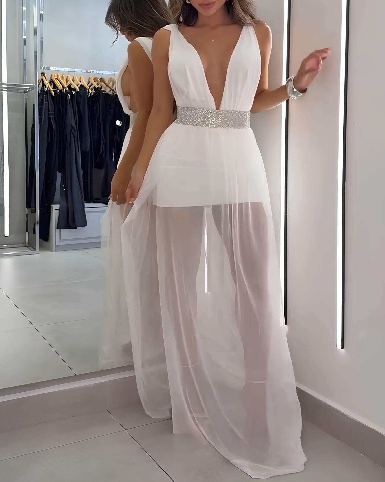 Deep V Sleeveless White Mesh Slit Long Beach Vacation Dress