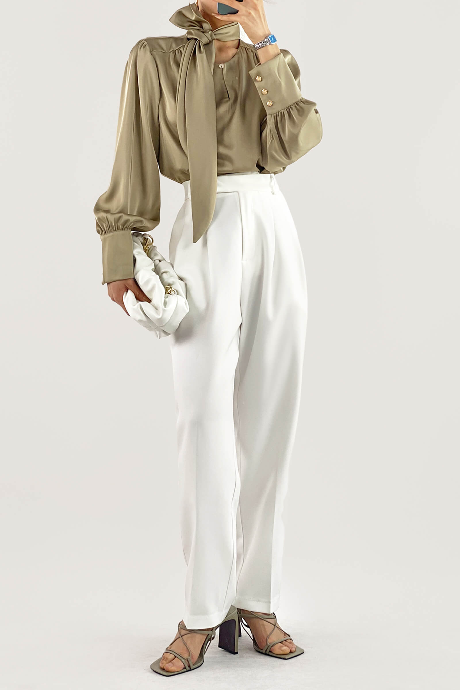 Dark Khaki Satin Ballon Sleeve Blouse