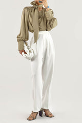 Dark Khaki Satin Ballon Sleeve Blouse