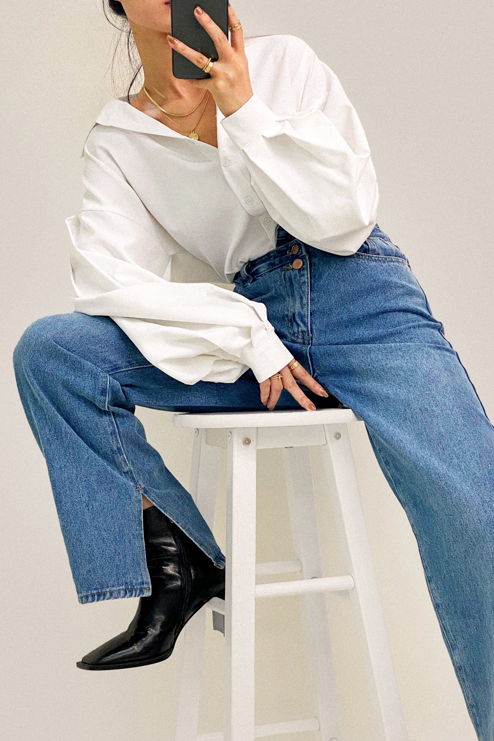 White Button-Up Lantern Sleeve Shirt