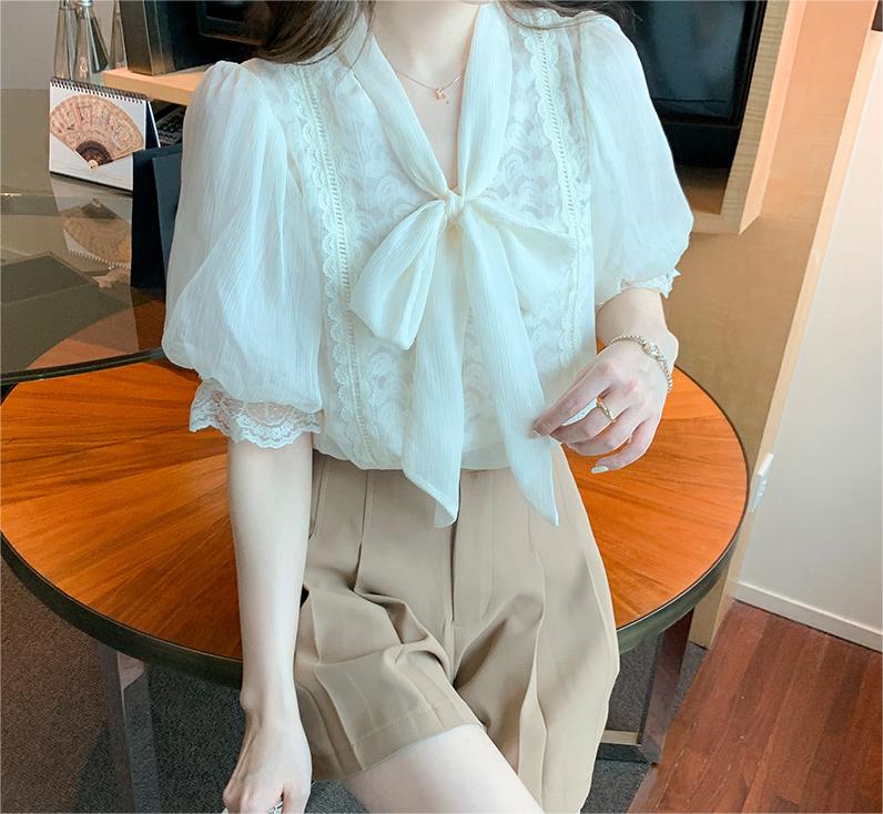 Swiss Dot High Neck Ruffled Lace Trim White Blouse