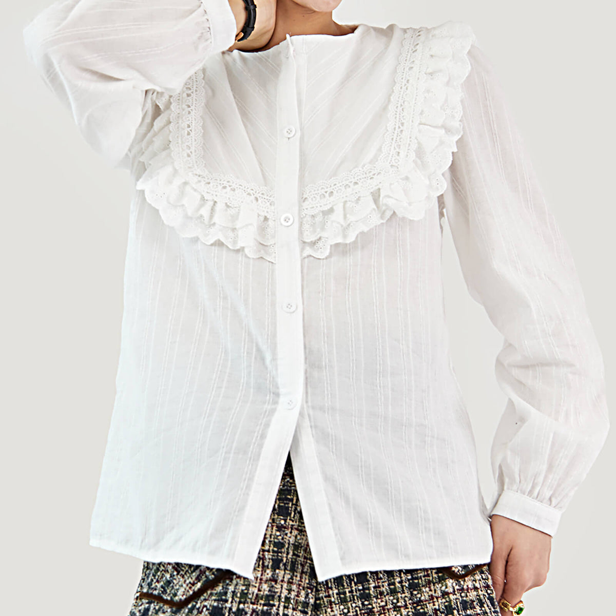 White Crew Neck Lace-Trim Pantern Sleeve Blouse