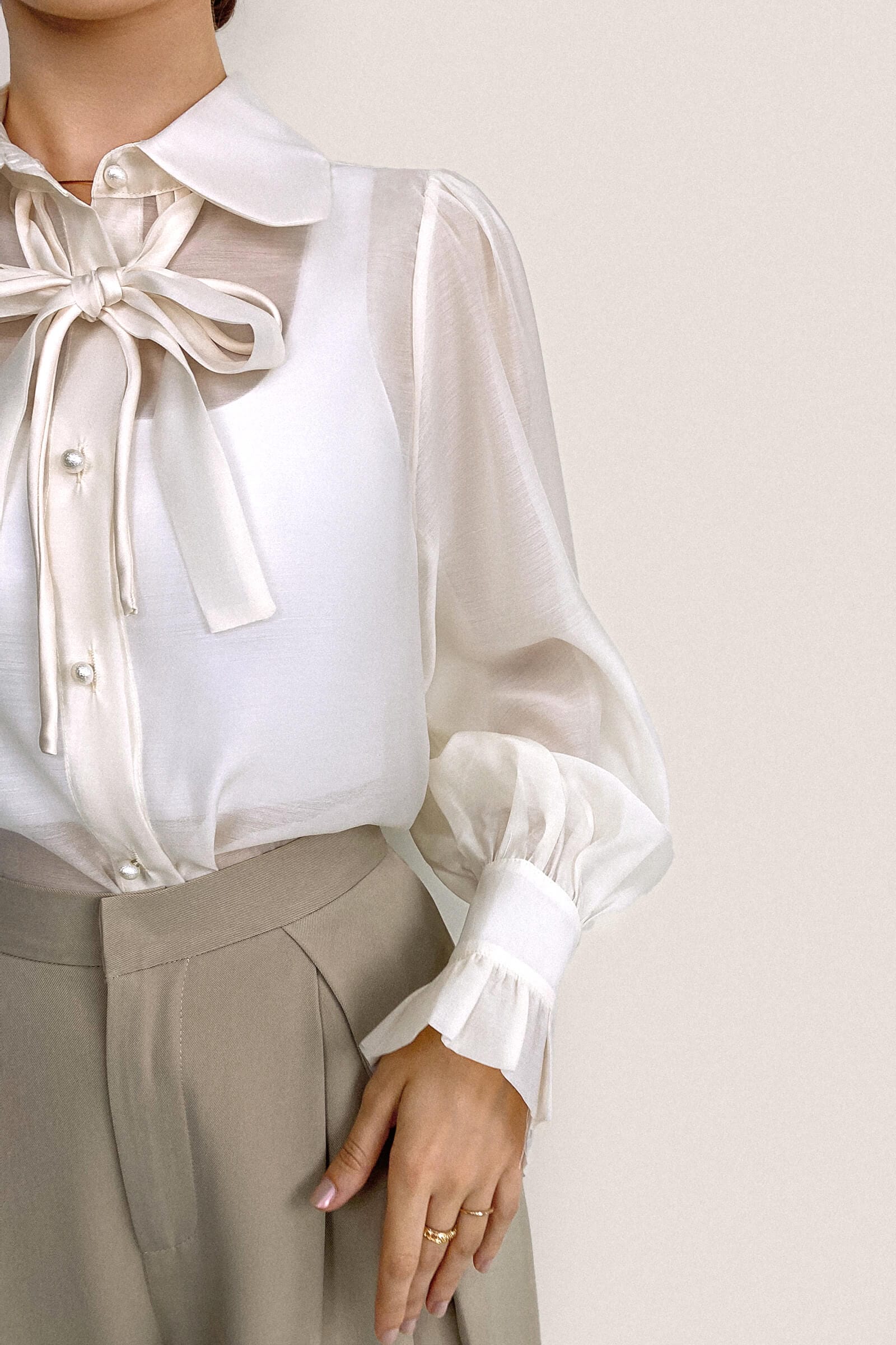 Floral White Sheer Button-Up Tie Neck Blouse