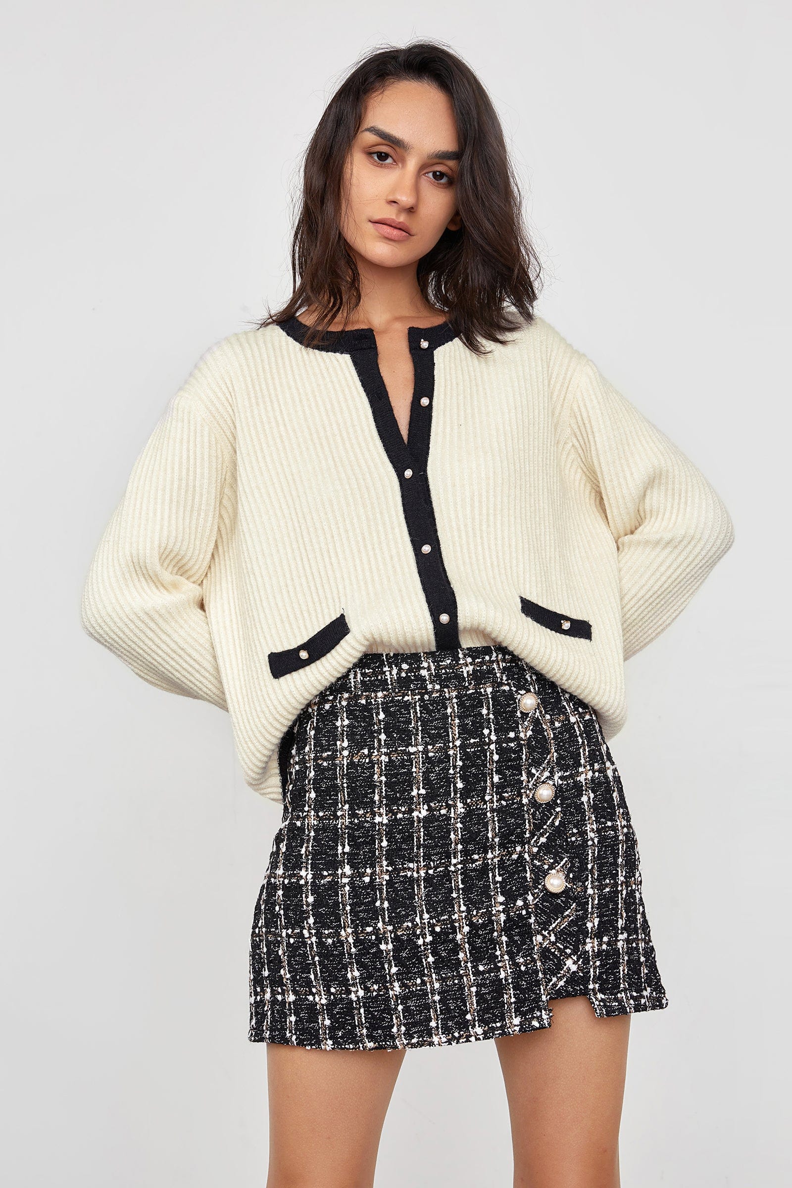 Leigha Beige Contrast knitted Cardigan