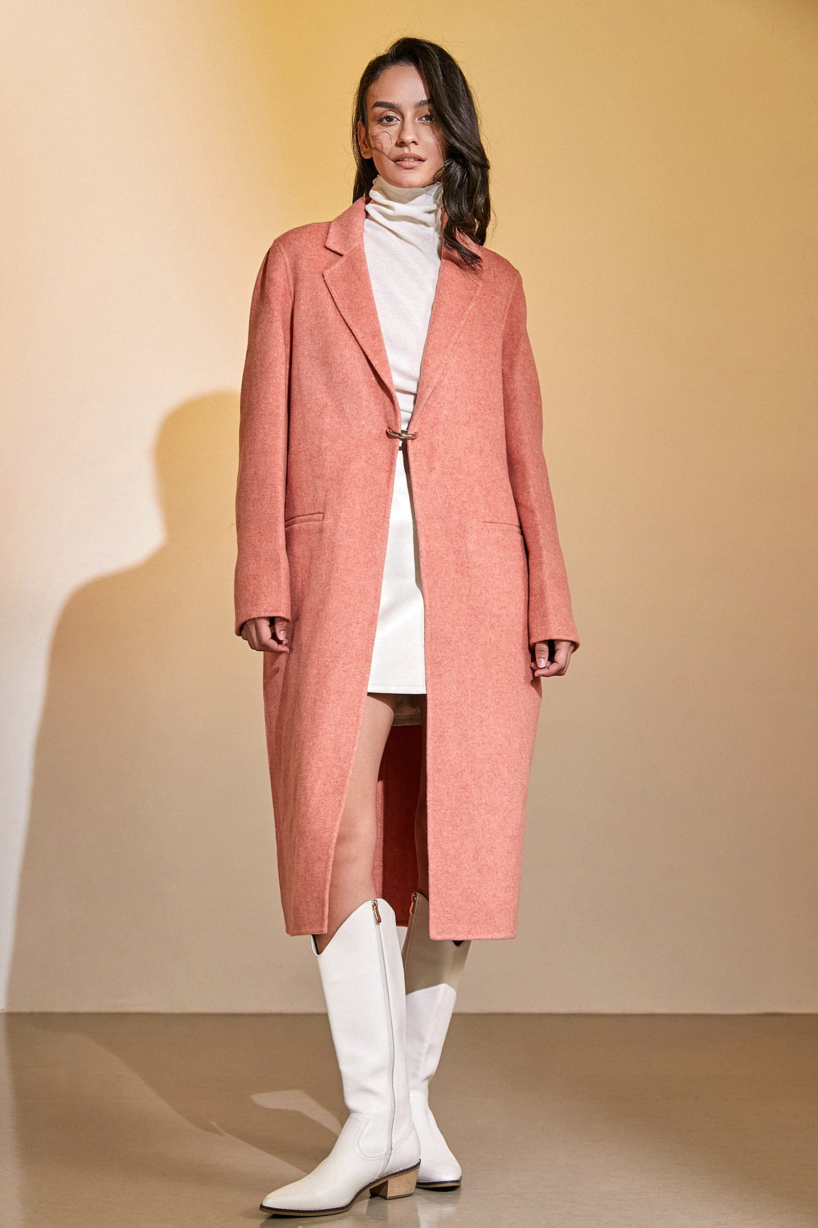 Salmon 100% Wool Notched Collar Longline Coat
