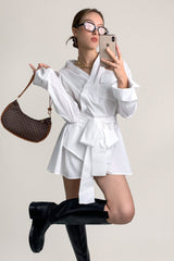 White Wrap-Effect Tie Waist Button-Up Mini Shirt Dress