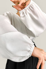 White V-Neck Balloon Sleeve Embroidery Detail Blouse