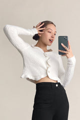 White Ruffle Trim Ribbed Knit Fitted Cardigan