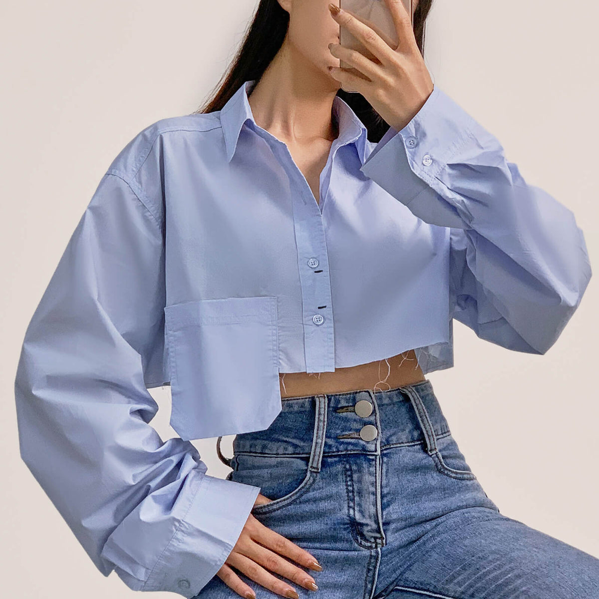 Light Blue Pocket Detail Cropped Shirt