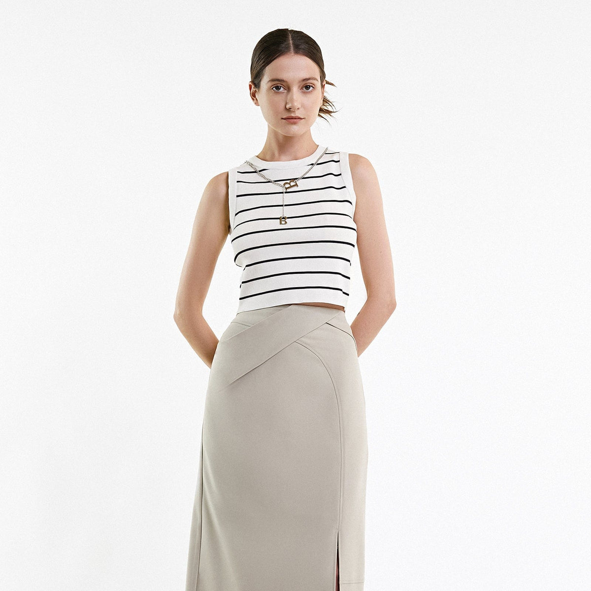 White Chain Necklace Detail Striped Cropped Tank Top