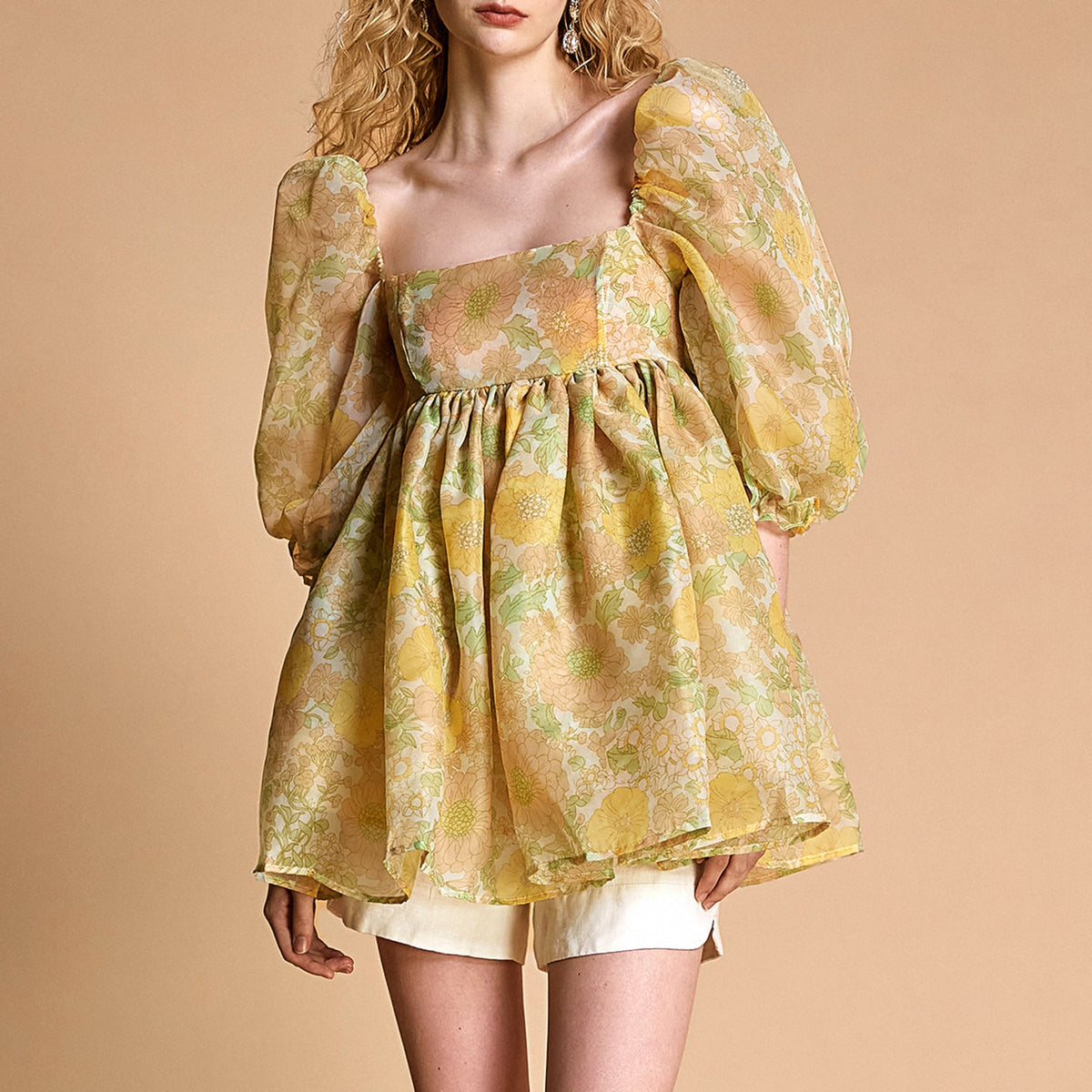 Lemon Chiffon Floral Print Puff Sleeve Babydoll Smock Mini Dress
