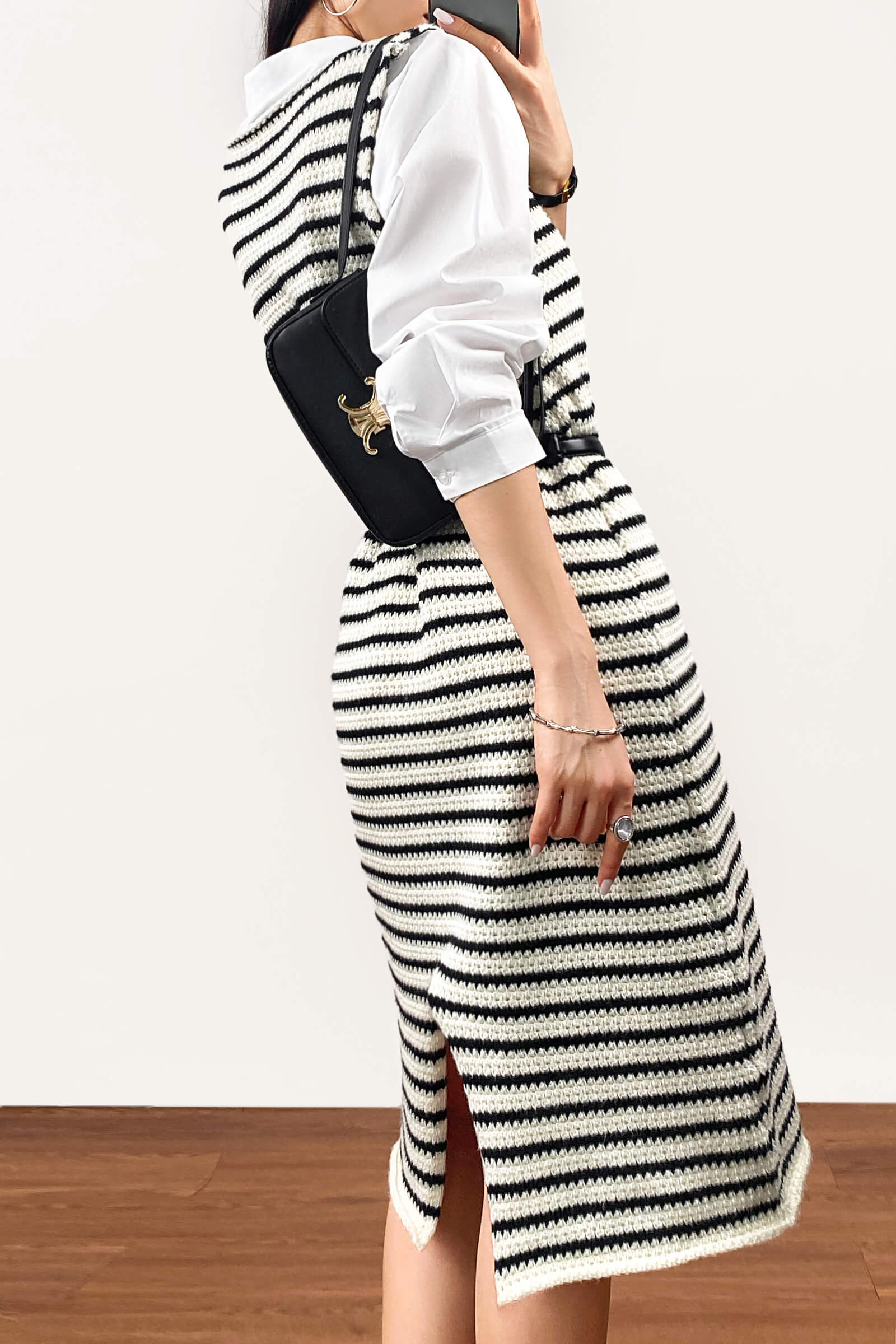 Ivory Striped Sleeveless Knit Midi Dress