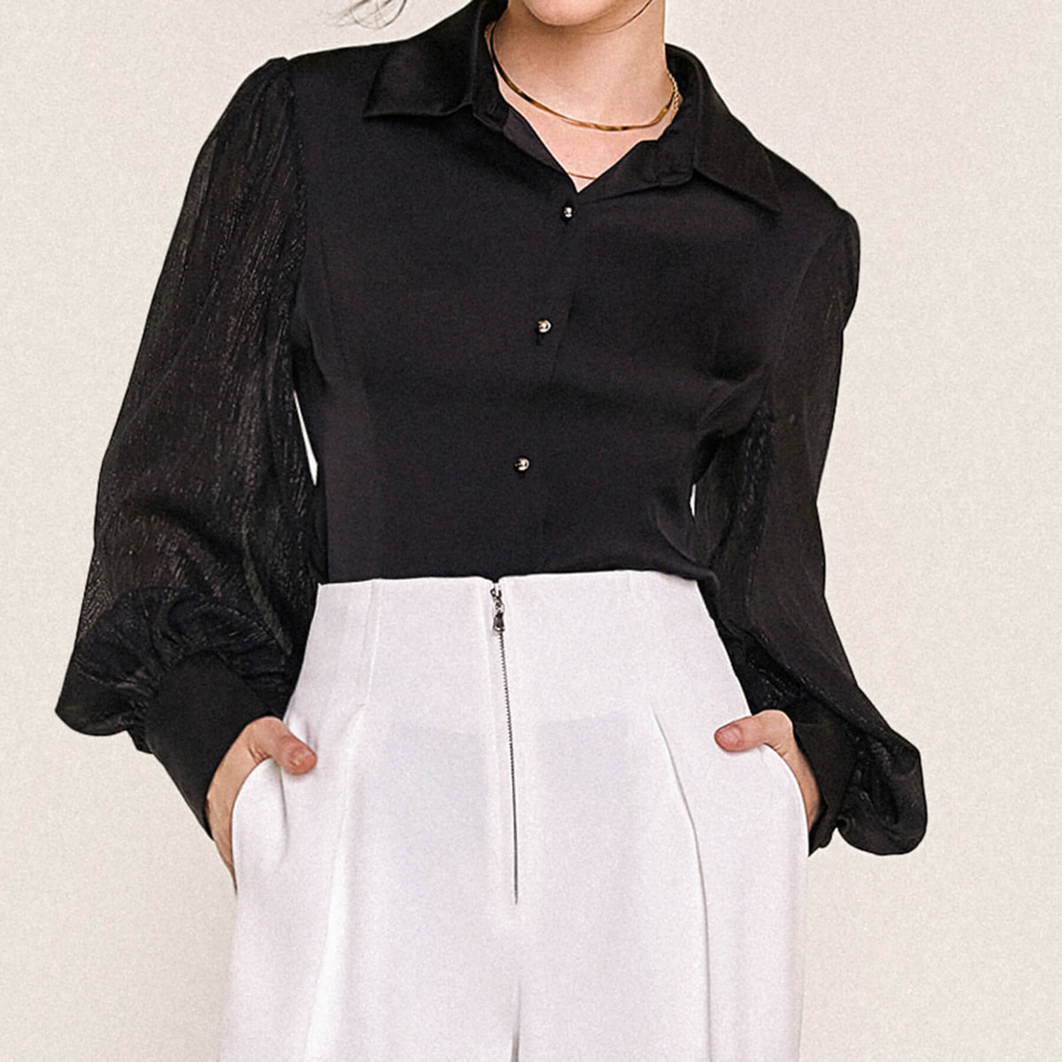 Black Button-Up Balloon Sleeve Satin Shirt