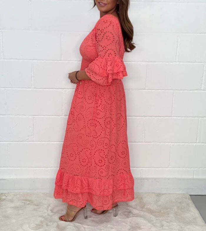 Embroidery Frill Sleeve Midi Dress
