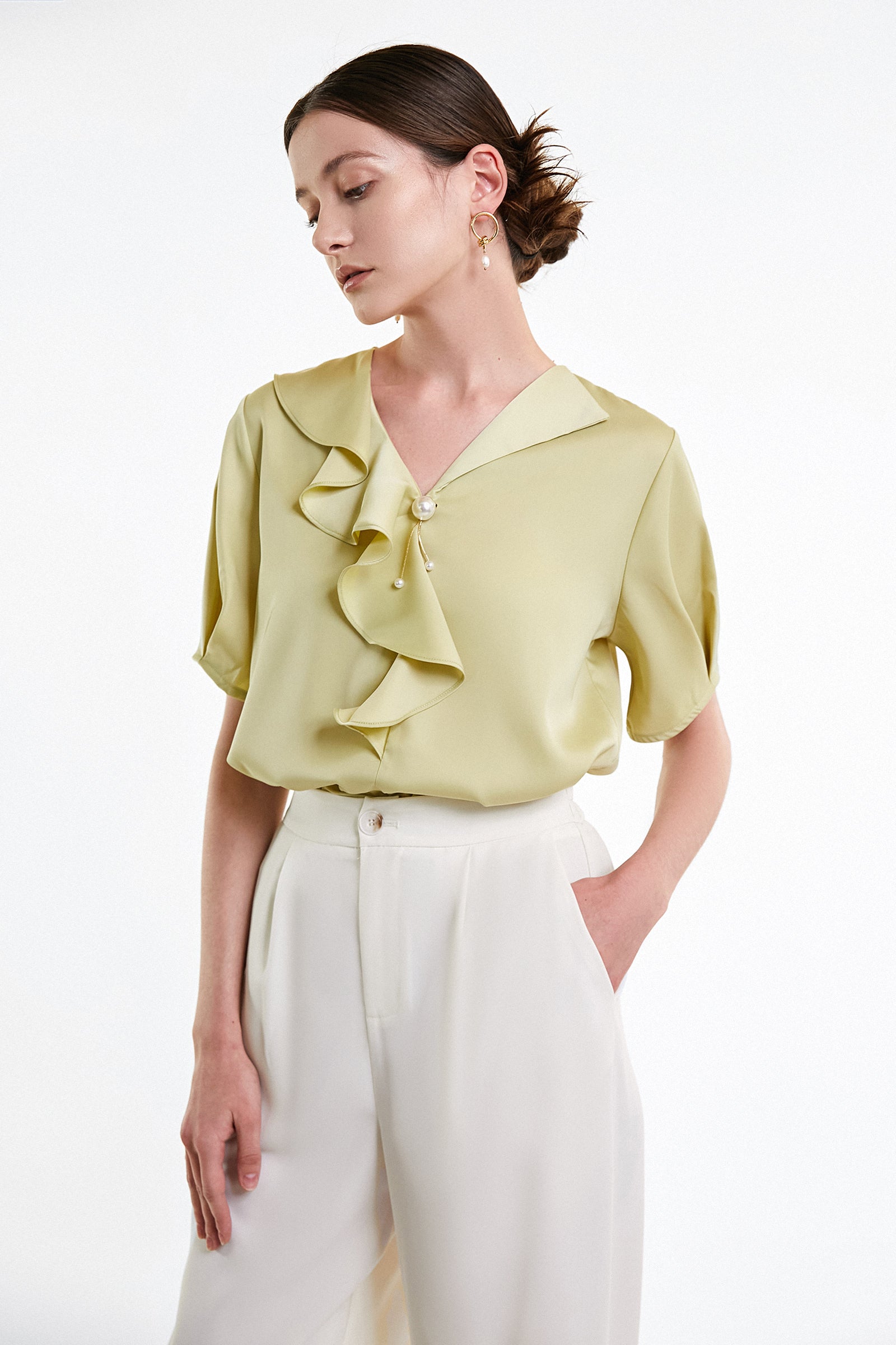 Yellow Green Flounce-Trimmed Short Sleeve Blouse