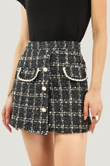 Black Plaid Tweed Fake Flap Pocket Jacket & Skirt Two-Piece Set