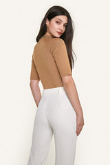 Dark Salmon Mock Neck Short Sleeve Ribbed Knit Sweater Top