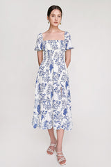 Blue Fruit Print Smocked Puff Sleeve Maxi Dress