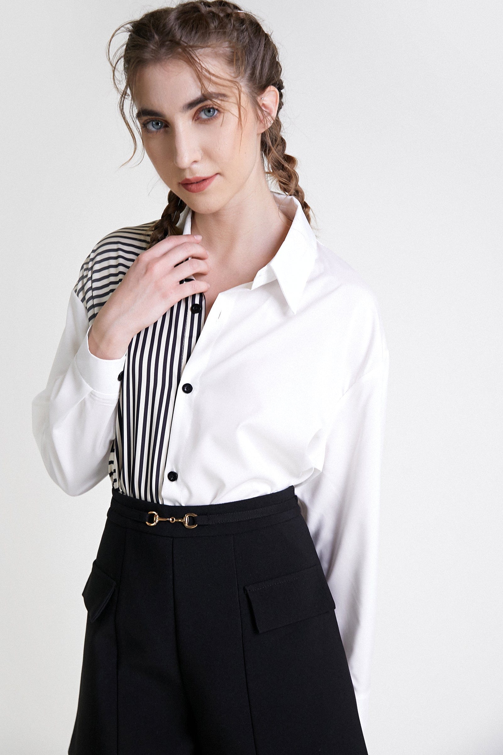 White Stripe Contrast Button Front Shirt