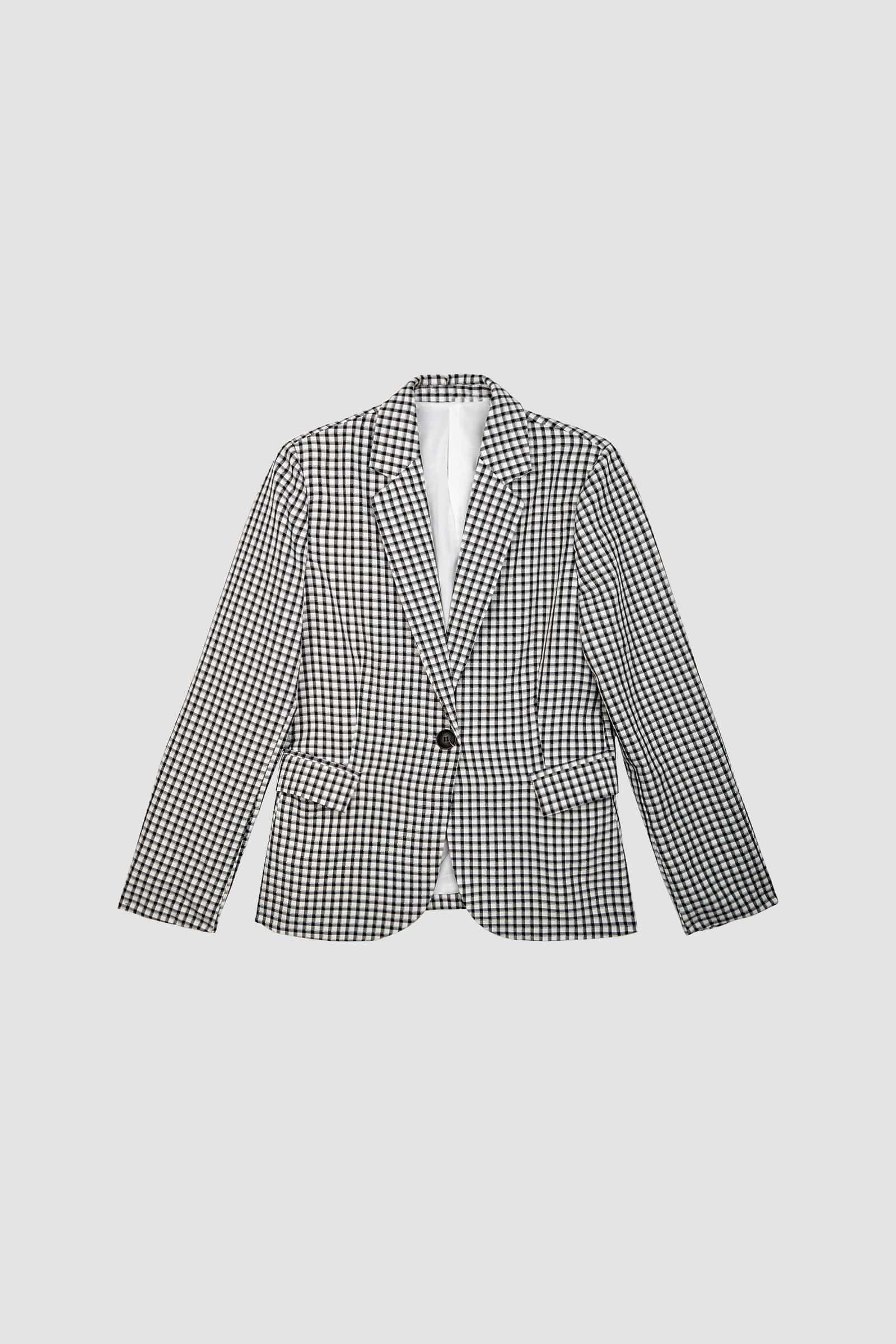 Grey Checked Single-Breasted Blazer