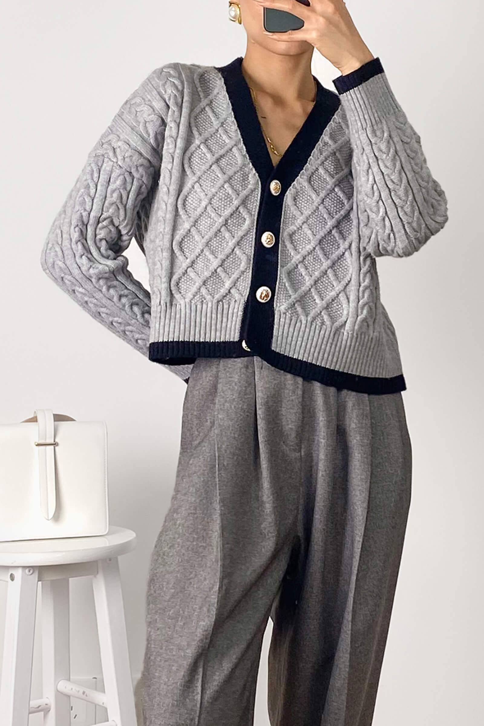 Hildagarde Grey Button-Up Cardigan