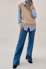 Light Blue Striped Pocket Button-Up Long Sleeve Shirt