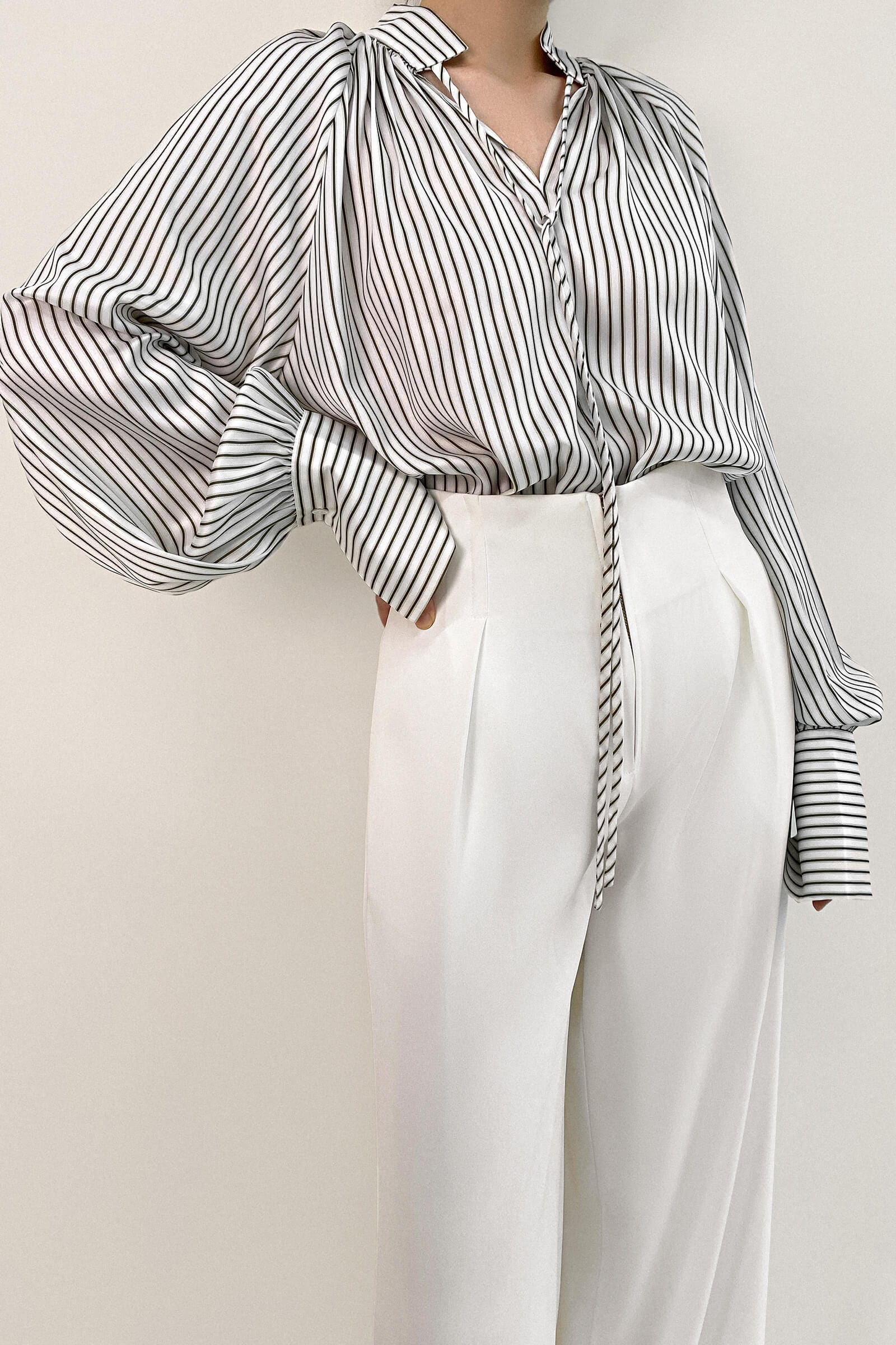 White High Neck Tie Detail Striped Blouse