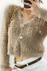 Sandy Brown Fuzzy Knit V-Neck Cropped Cardigan