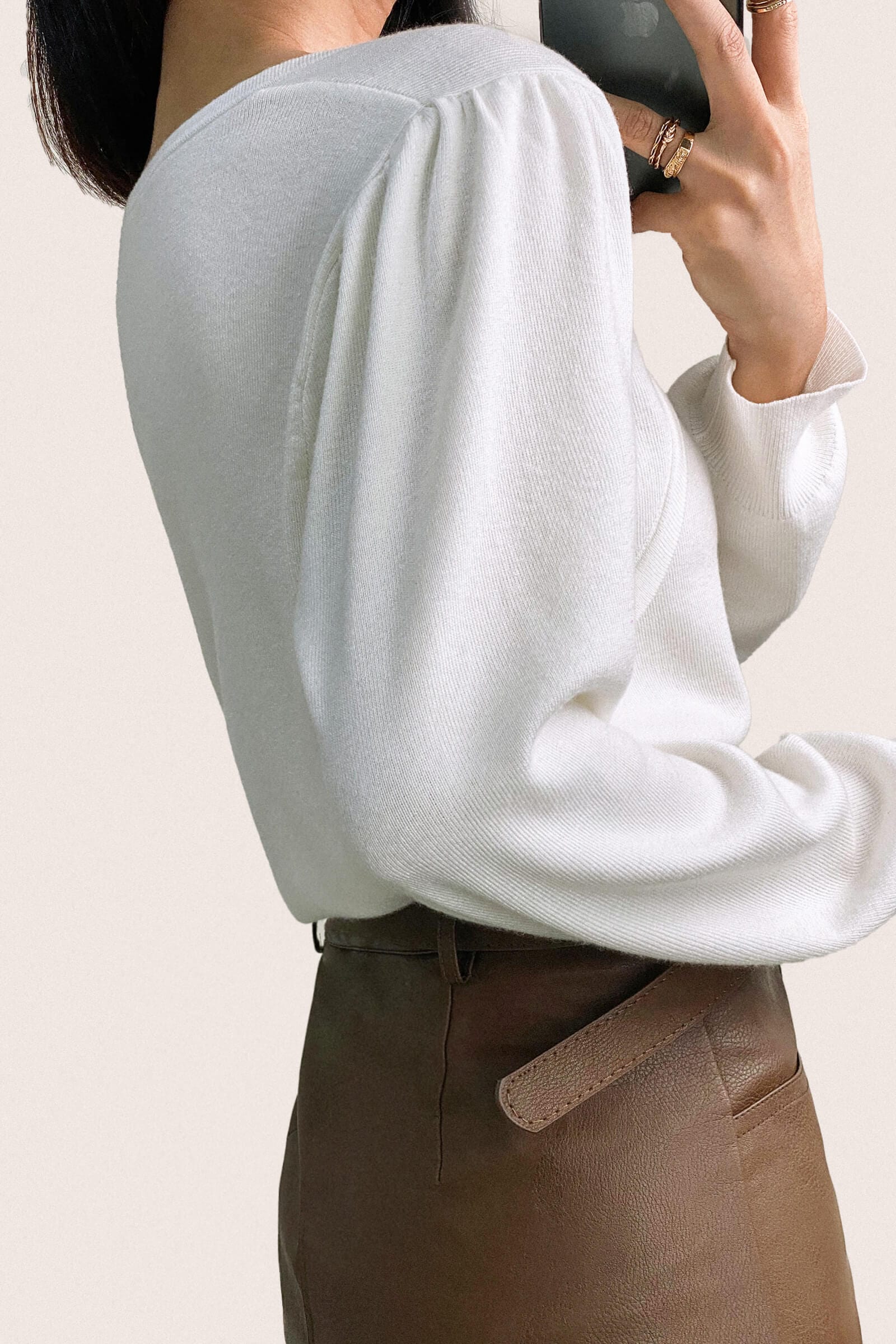 White Wool-Blend Strap Detail Asymmetric Neck Sweater